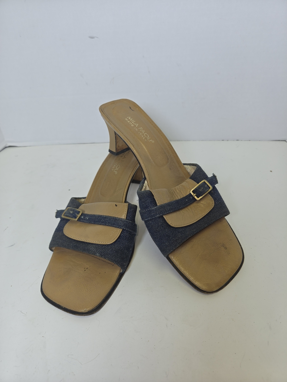 Mila Paoli Denim and Tan Slide Mules with Gold Buckles